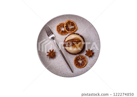 Sweet tart with pear lemon mousse cream and chocolate cake base 122274850