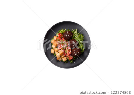 Hearty delicious fried falafel made from chickpeas, cumin, hummus with salt and spices 122274868