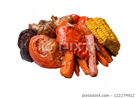 Grilled vegetables peppers, tomatoes, zucchini, onions, carrots, corn, mushrooms 122274922