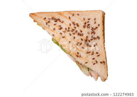 Sandwich with toast bread, meat, tomatoes, cheese, sauce, salt and spices Sandwich with toast bread, meat, tomatoes, cheese, sauce, salt and spices 122274983