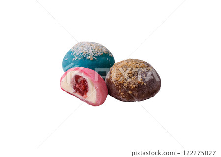 Delicious colorful asian mochi sweets with rice dough shell and fruit filling Delicious colorful asian mochi sweets with rice dough shell and fruit filling 122275027