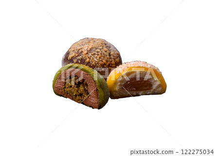 Delicious colorful asian mochi sweets with rice dough shell and fruit filling 122275034