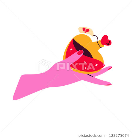 The hand holds a heart-shaped potion bottle. 122275074