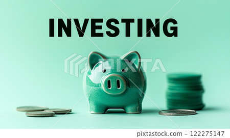 Word 'Investing' above green piggy bank with coins on light green background. Financial savings and investments concept 122275147