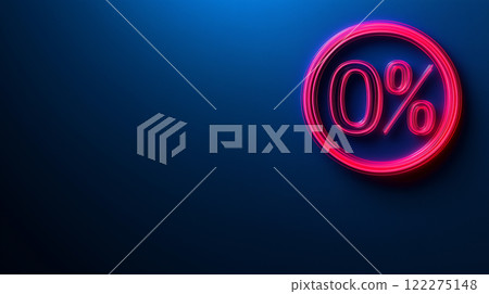 Neon pink zero percent sign on dark blue background with copy space for discounts and promotions 122275148