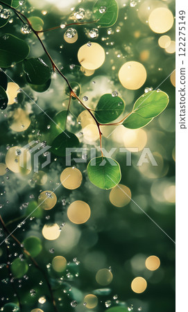 Enchanting nature vertical background with green dew-kissed leaves and golden bokeh lights 122275149
