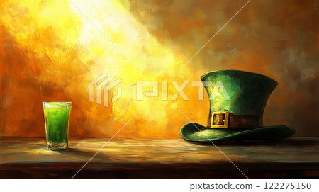 St. Patrick's Day still life with green drink and leprechaun hat against rustic wall with orange textured paint 122275150