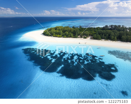 Aerial view of blue sea, white sandy beach and island. Top view Aerial view of blue sea, white sandy beach and island. Top view 122275183