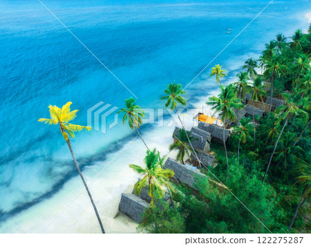 Aerial view of palms, bungalows, sandy beach, sea with waves Aerial view of palms, bungalows, sandy beach, sea with waves 122275287
