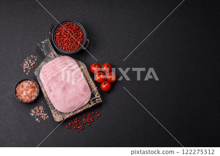 Ham, spam with salt, spices and herbs cut into slices 122275312