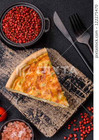 Delicious quiche with broccoli, chicken or salmon and cheese 122275470