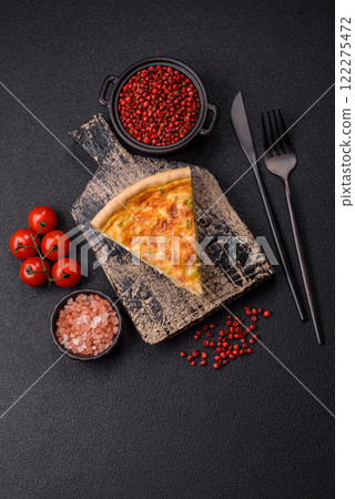Delicious quiche with broccoli, chicken or salmon and cheese 122275472
