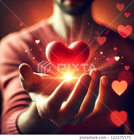 Mans Hand Offering a Glowing Red Heart - Symbol of Love and Affection, st Valentine's day 122275575