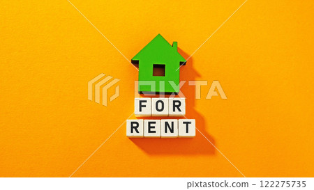 House model and for rent sign. Real estate leasing. House model and for rent sign. Real estate leasing. 122275735