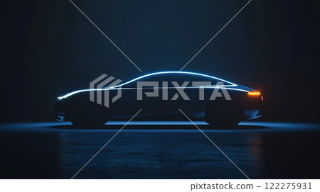 Luxury electric car concept with seamless design showcased in dark studio with ambient lighting 122275931