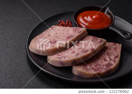 Homemade headcheese with salt, spices, herbs and vegetables 122276062