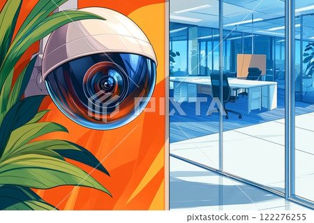 A high-resolution digital illustration of a dome-shaped security camera mounted on a vibrant orange wall 122276255
