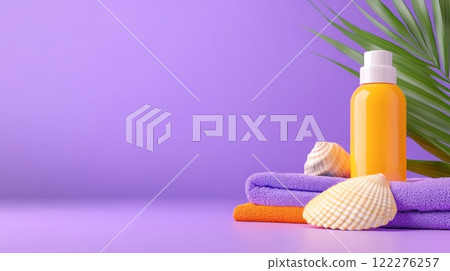 Playful summer scene with a sunscreen bottle, seashells, and beach towels on a vibrant purple background. 122276257