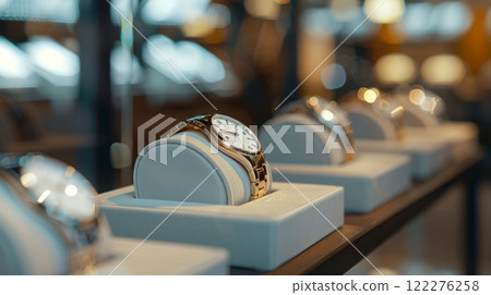 A row of luxury watches displayed elegantly in a high-end boutique, each showcased on individual cushioned stands A row of luxury watches displayed elegantly in a high-end boutique, each showcased on individual cushioned stands 122276258