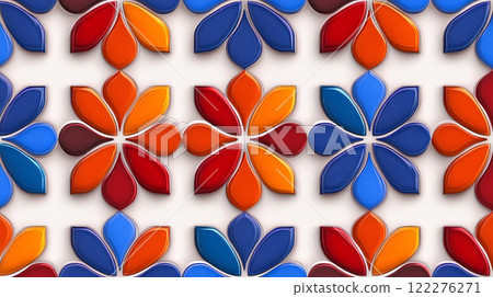 A vibrant Moroccan-inspired pattern with bold, interwoven geometric shapes in deep reds, oranges, and blues 122276271
