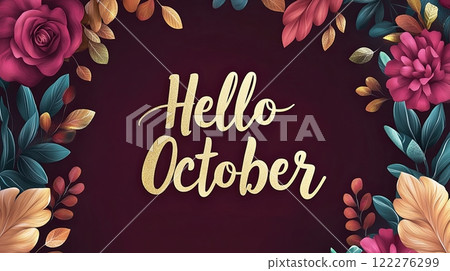 Hello October in gold lettering is surrounded by vibrant autumn flowers and leaves in rich red, pink Hello October in gold lettering is surrounded by vibrant autumn flowers and leaves in rich red, pink 122276299