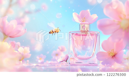 A dreamy scene featuring a perfume bottle with a floral cap, surrounded by soft pink blossoms and a flying bee 122276300