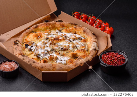 Creamy pizza with truffle cheese, mozzarella, chicken and mushrooms Creamy pizza with truffle cheese, mozzarella, chicken and mushrooms 122276402