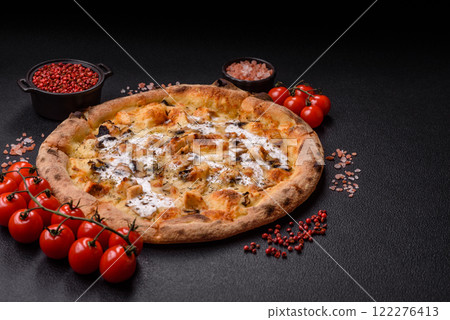 Creamy pizza with truffle cheese, mozzarella, chicken and mushrooms Creamy pizza with truffle cheese, mozzarella, chicken and mushrooms 122276413