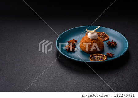 Delicious sweet shu cake with cream and nuts 122276481