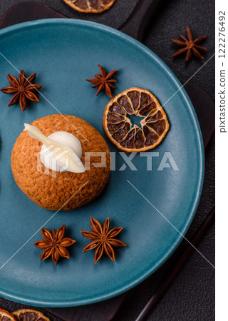 Delicious sweet shu cake with cream and nuts Delicious sweet shu cake with cream and nuts 122276492