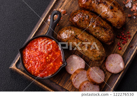 Juicy sausages with salt, spices and herbs Juicy sausages with salt, spices and herbs 122276530