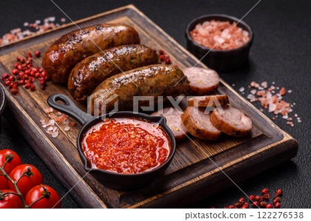 Juicy sausages with salt, spices and herbs 122276538