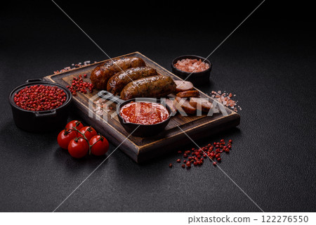 Juicy sausages with salt, spices and herbs 122276550
