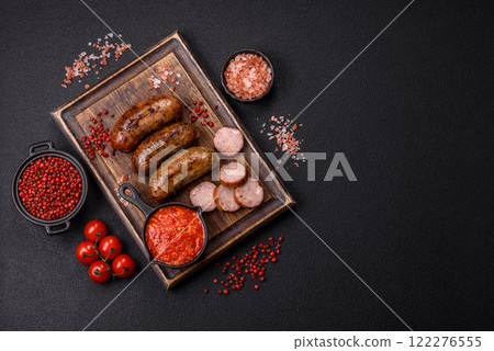 Juicy sausages with salt, spices and herbs 122276555