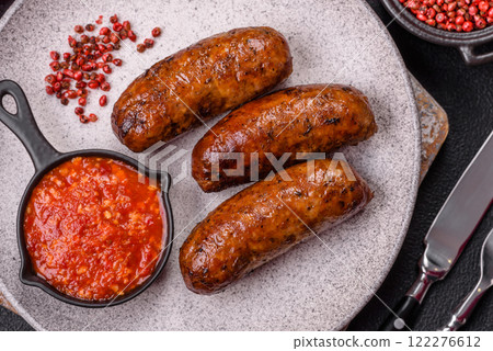 Juicy sausages with salt, spices and herbs 122276612