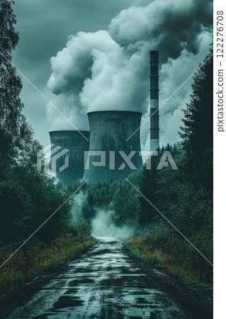 Industrial landscape with cooling towers and smokestack surrounded by forest and fog on an overcast day 122276708