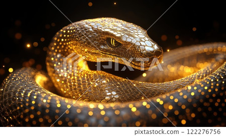 Stunning golden snake with intricate scales shimmering in a dark background creating a mesmerizing visual effect during a magical fantasy moment 122276756