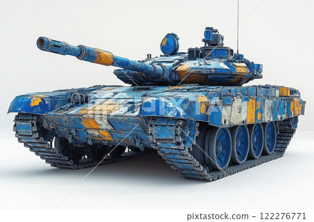 Military tank with vibrant blue and orange camouflage paint displayed in a modern exhibition hall under bright lighting 122276771
