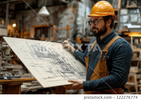 Craftsman holding a detailed architectural drawing in a workshop filled with tools and materials during the day Craftsman holding a detailed architectural drawing in a workshop filled with tools and materials during the day 122276774