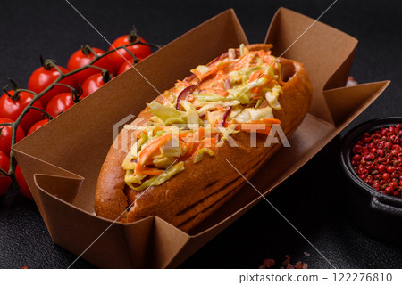 Hotdog with grilled sausage with cabbage, carrots and onions Hotdog with grilled sausage with cabbage, carrots and onions 122276810