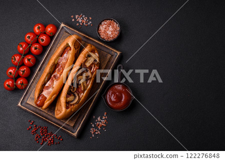 Hotdog with grilled sausage with bacon and mushrooms Hotdog with grilled sausage with bacon and mushrooms 122276848