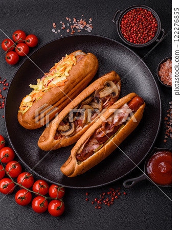 Hotdog with grilled sausage with bacon and mushrooms Hotdog with grilled sausage with bacon and mushrooms 122276855
