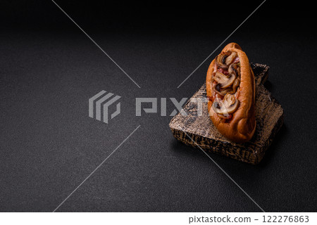 Hotdog with grilled sausage with bacon and mushrooms Hotdog with grilled sausage with bacon and mushrooms 122276863