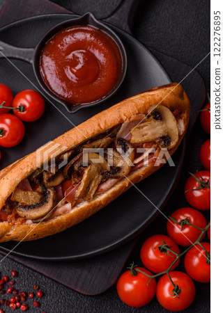 Hotdog with grilled sausage with bacon and mushrooms 122276895