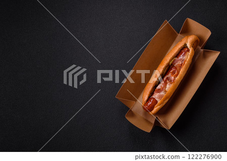 Hotdog with grilled sausage with bacon and mushrooms 122276900