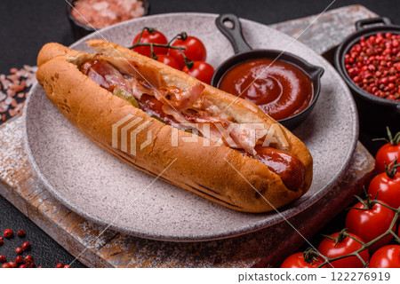Hotdog with grilled sausage with bacon and mushrooms Hotdog with grilled sausage with bacon and mushrooms 122276919