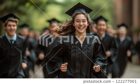 Excited graduates celebrate achievement while running outdoors on bright sunny day as they leave the ceremony behind in joyful celebration of their academic success 122277001