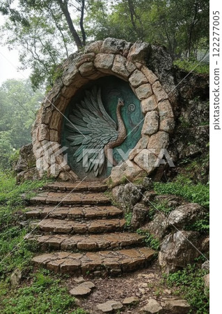 Intricate stone doorway with peacock relief nestled in lush greenery near a serene pathway Intricate stone doorway with peacock relief nestled in lush greenery near a serene pathway 122277005
