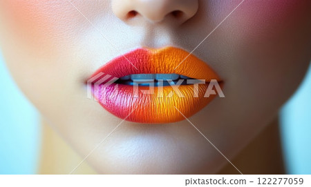 Transformative lip art demonstration featuring a gradient effect using vibrant colors in a close-up setting with soft lighting 122277059