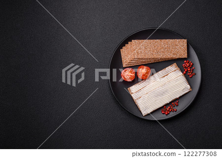 Rectangular whole grain crisp bread with cream cheese Rectangular whole grain crisp bread with cream cheese 122277308